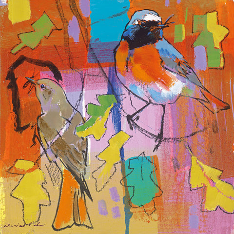Art greeting card by Daniel Cole, oil on board. Colourful abstract painting of Redstart birds and leaves.