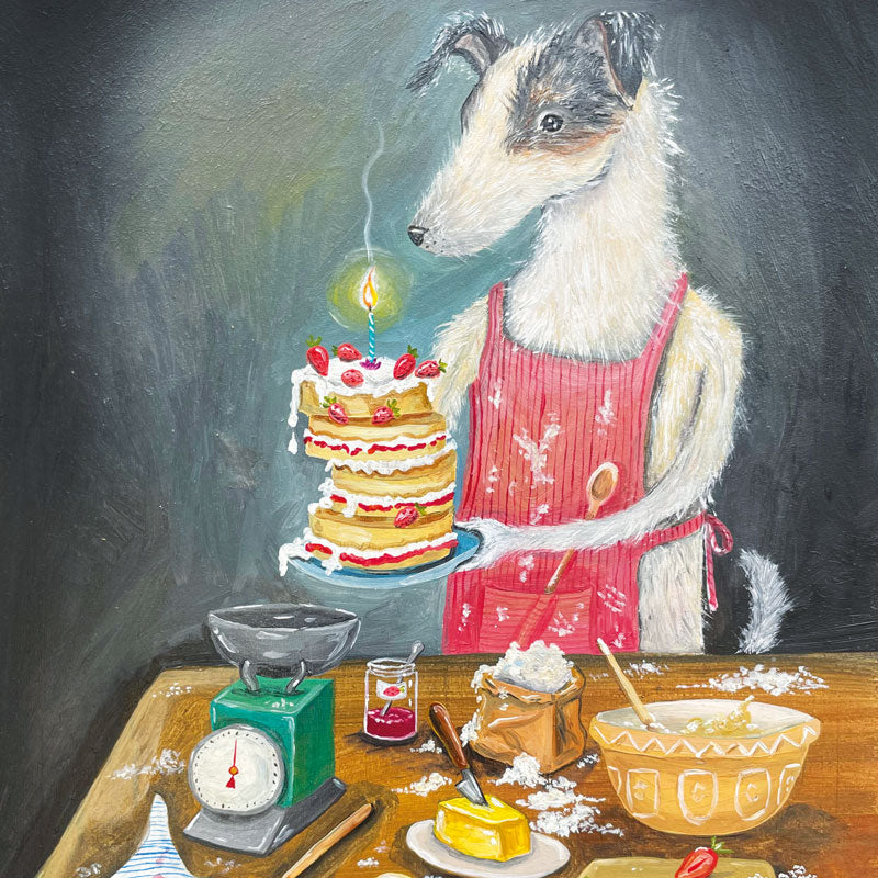 Art greeting card by E C Woodard, Dog holding up a home made birthday cake