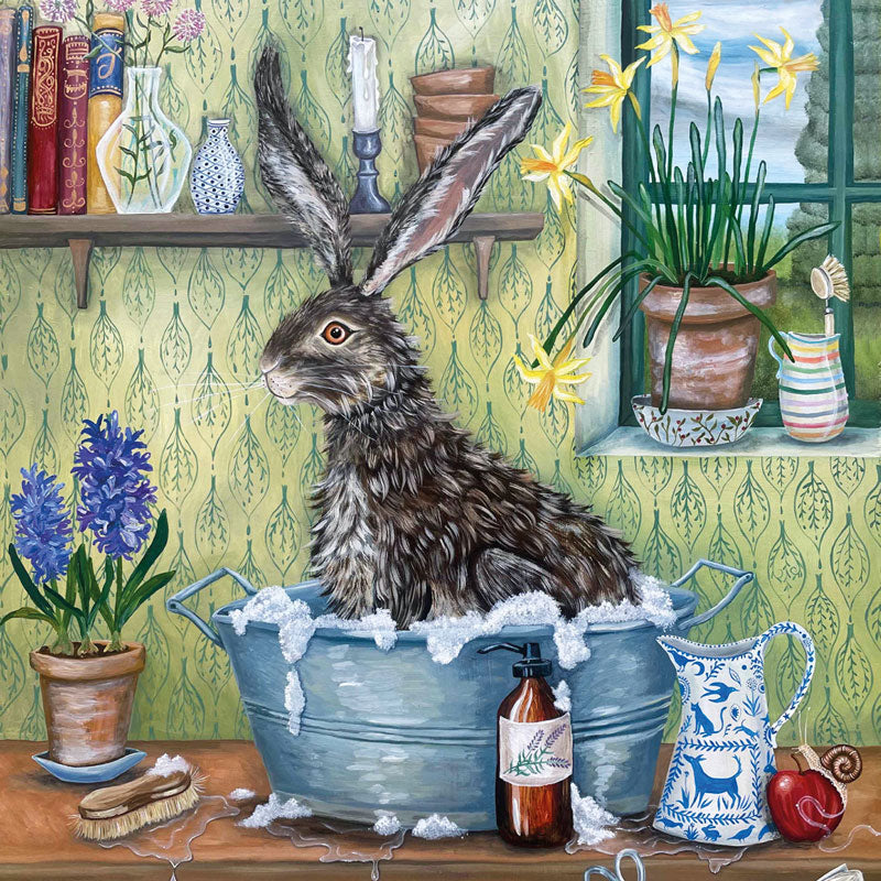 Art greeting card by E C Woodard, Hare having a bath in a tub