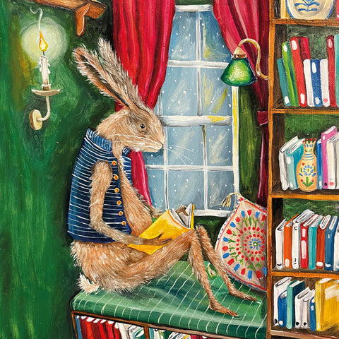 Art greeting card by E C Woodard, Hare reading in a cosy book nook