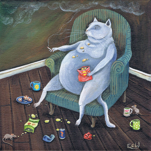 Art greeting card by EC Woodard. A fat cat in an arm chair smoking a cigarette and eating crisps.