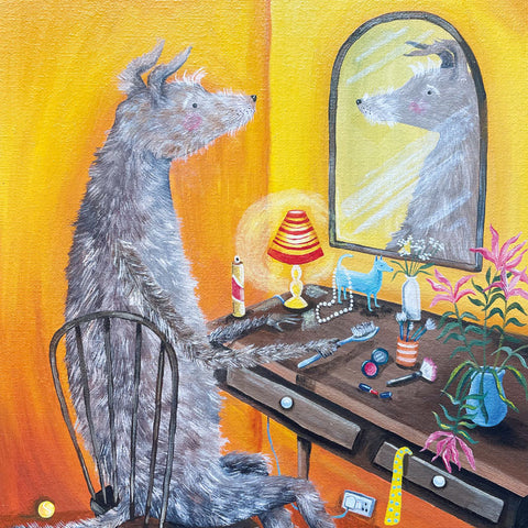 Art greeting card by EC Woodard. A dog sitting at a dressing table, looking in the mirror.