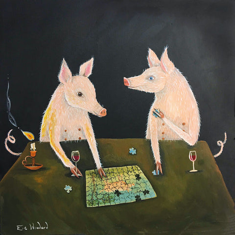 Art greeting card by EC Woodard. Two pigs sitting at a table, drinking wine and doing a puzzle. 
