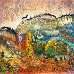Art greeting card by Aimee Birnbaum RI. A colourful landscape with trees and horses and an autumn sky.
