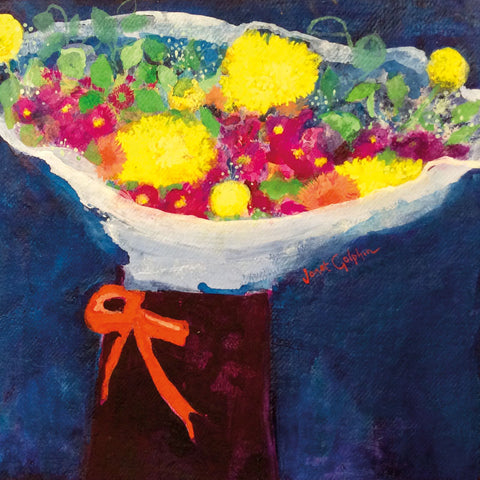 Art greeting card by Janet Golphin RWS. Wrapped bouquet of yellow and pink flowers with a ribbon and a dark blue background.