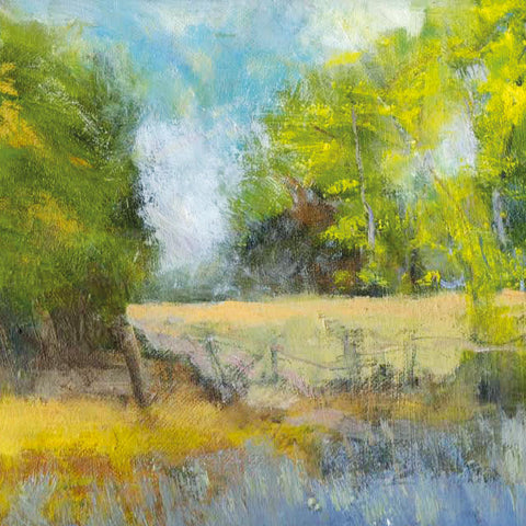 Art greeting card by Michael Harrison. Soft painting of a countryside scene, water, fence and trees.