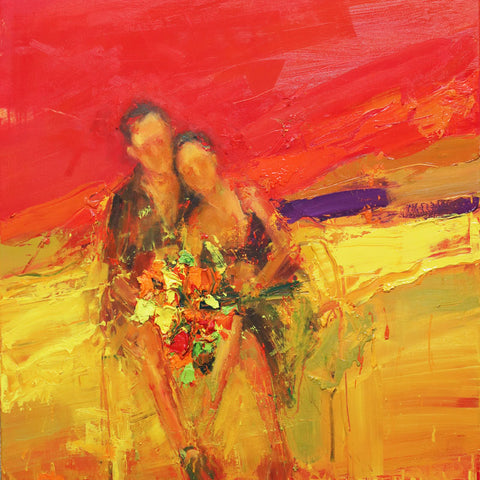 Art Greeting Card by Henry Jabbour, A man and woman sitting close together with abstract flowers against bright, abstract red and yellow background