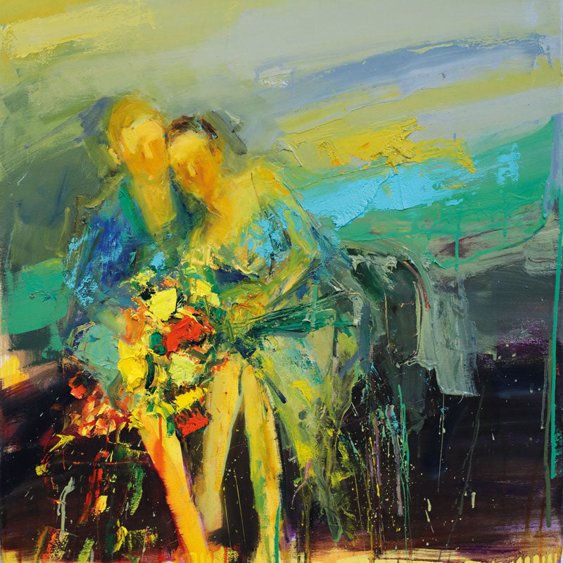 Art greeting card by Henry Jabbour RBA. A couple sitting together in an embrace with a bunch of flowers.