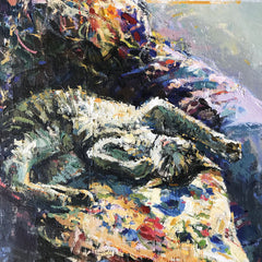Art Greeting Card by Howard Milton, Tabby Cat stretched out on a cushion