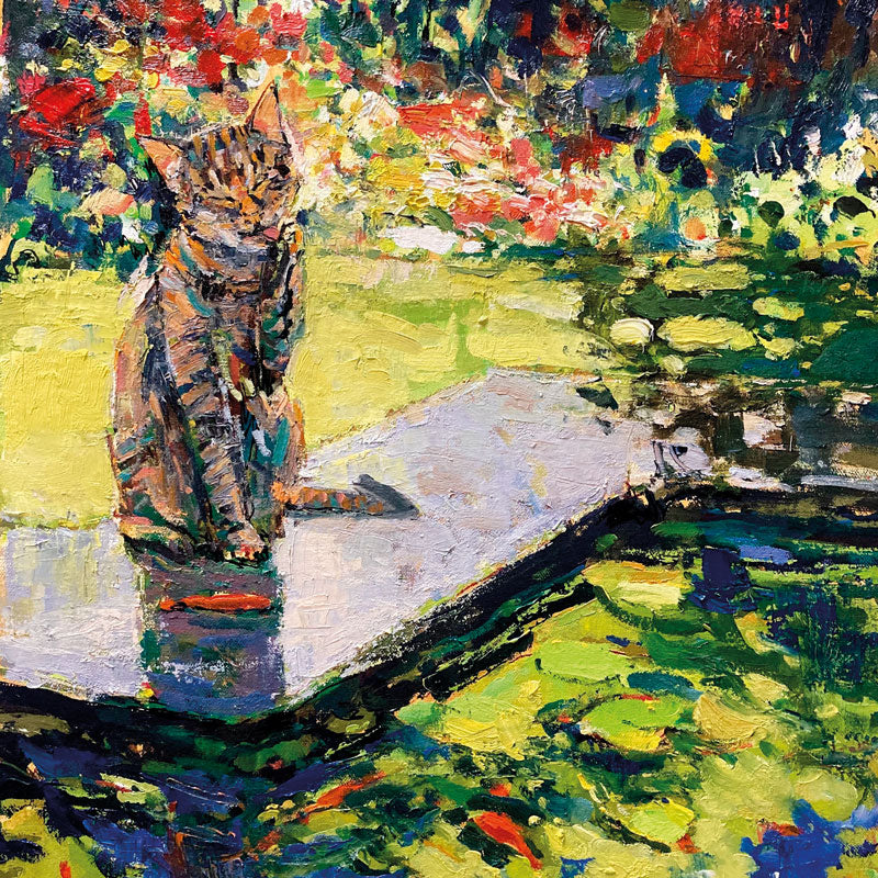 Art Greeting Card by Howard Milton, Tabby cat fishing by the koi pond