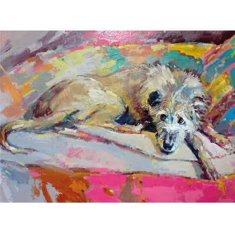 Art Greeting Card by Howard Milton, Dog lying on a colourful sofa