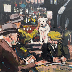 Art greeting card by Howard Milton. Three men wearing hats sitting in a pub playing a game. One is stroking a white dog who is sitting on a table.
