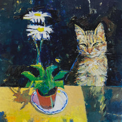 Art greeting card by Howard Milton. Tabby cat sitting at a table with a potted plant on it.
