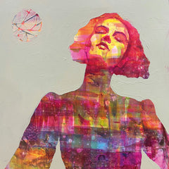 Art greeting card by Julie Cross. A beautiful, colourful woman with her eyes closed and an abstract sun behind her.