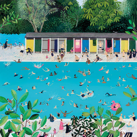 Fine Art Greeting Card by Jenni Murphy, Acrylic painting , Swimming pool full of people having fun