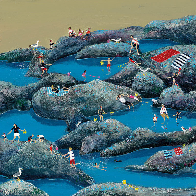 Fine Art Greeting Card by Jenni Murphy, Acrylic painting , Rock pools with many families playing and having fun