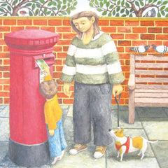Art greeting card by Josef Noah. A woman and boy with a dog by a letterbox. The boy is posting a postcard. 