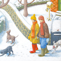 Art greeting card by Josef Noah. Two women wrapped up and out in the snow with three playful dogs. There is a bird feeder and a Robin on a gate.