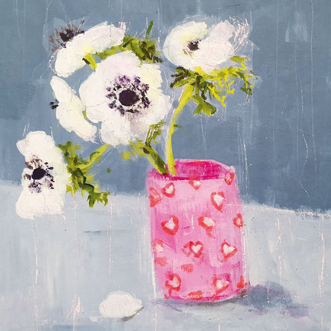 Art greeting card by Jenny Handley, White anemones in a pink jar with hearts