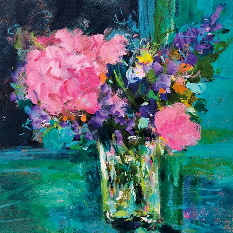 Art greeting card by Jenny Handley, Colourful flowers in glass