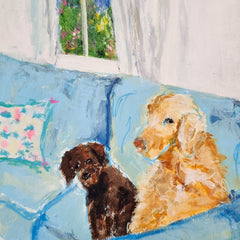 Art greeting card by Jenny Handley. Two dog sitting on a sofa looking very guilty and cheeky. 