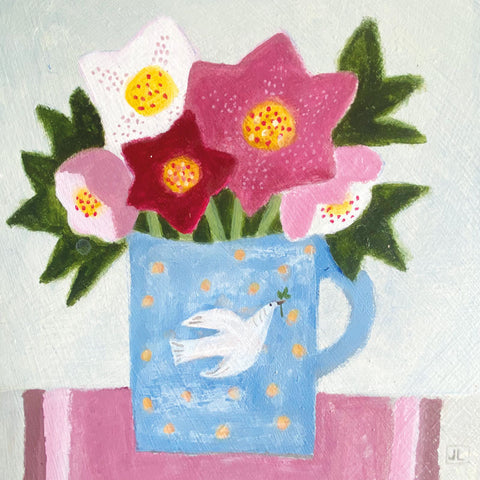 Art greeting card by Jill Leman. Pink and white flowers in a blue mug with a white Dove painted on it.