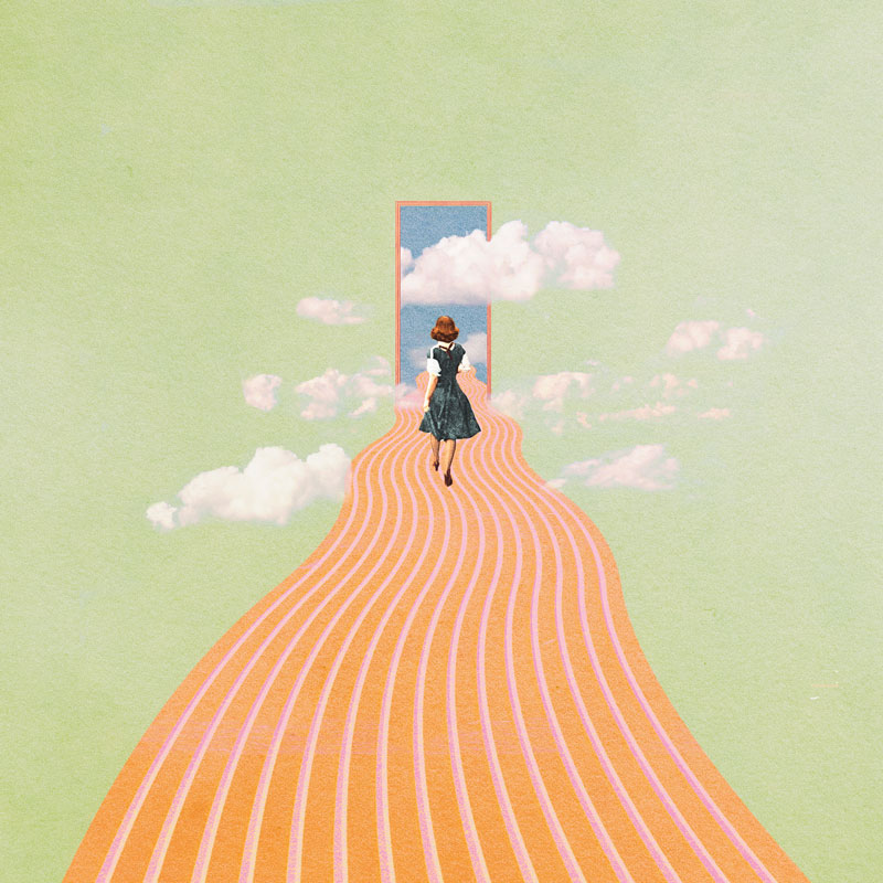 Art Greeting Card by Julia Nala, collage of a woman walking on path through clouds towards an open door