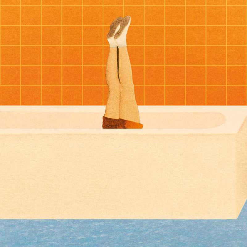 Art Greeting Card by Julia Nala, Collage showing the legs of a woman diving down through a bathtub