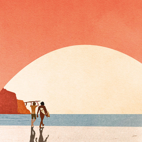 Art Greeting Card by Julia Nala, Collage of two surfers carrying their boards towards the sea