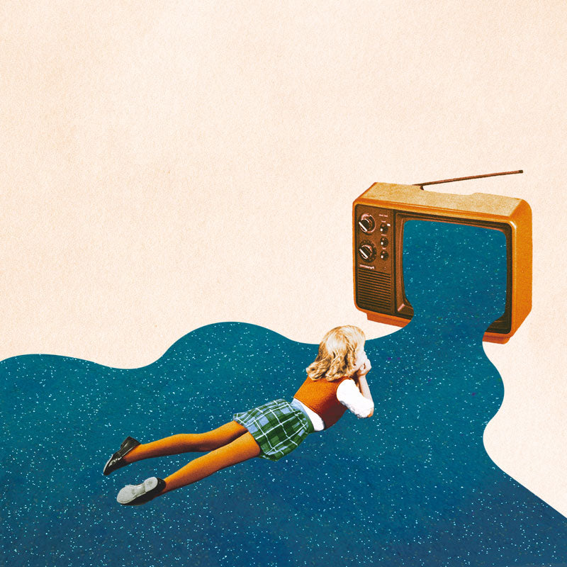 Art Greeting Card by Julia Nala, Collage of a girl lying on the floor watching a stream coming out of the TV