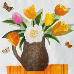 Art greeting card by Jill Leman RWS. Orange and white tulips in a brown jug with a white background and butterflies.