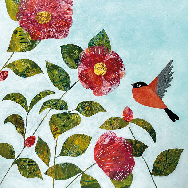 Art Greeting Card by Jane Wilson, Mixed media painting of bullfinch and flowers