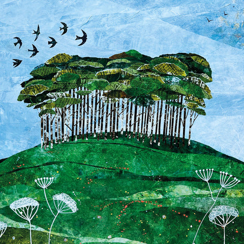 Art Greeting Card by Jane Wilson, Mixed media painting of birds flying over a copse on a hill