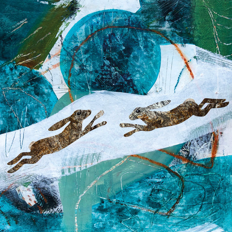 Art Greeting Card by Jane Wilson, Mixed media painting of abstract landscape with two hares and a full moon