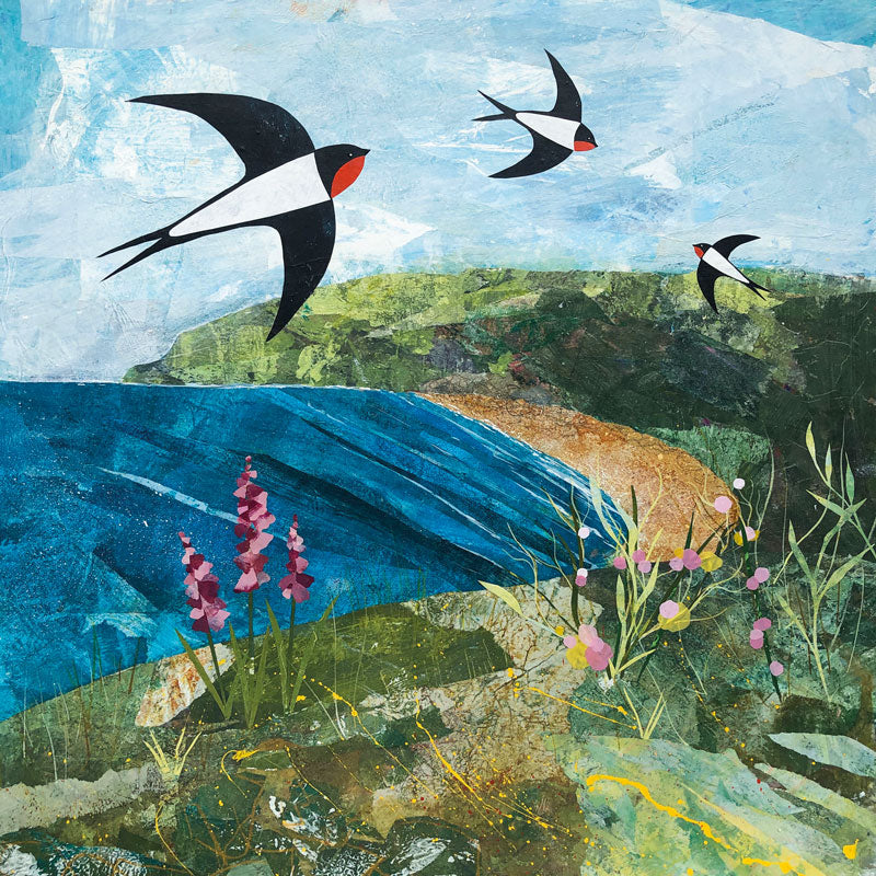 Art Greeting Card by Jane Wilson, Mixed media painting of three swallows flying over a beach