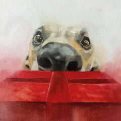 Art greeting card by Julie Brunn. A dogs face peering over a big red present.