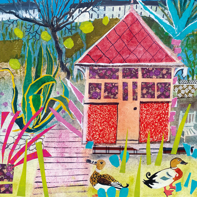 Art Greeting Card by Jenny Wheatley, Colourful summerhouse with two ducks