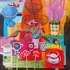 Art greeting card by Jenny Wheatley. Colourful painting with decorative cups, jugs, flowers and birds. A fishing boat can be seen from a window.