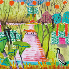 Art greeting card by Jenny Wheatley. A fox walking across a pathway throgh a colourful garden with trees and a bird.