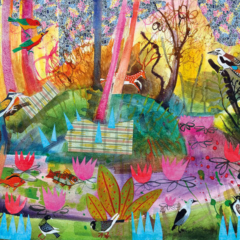 Art greeting card by Jenny Wheatley RWS. A coulerful painting of a lily pond with fish and a deer in the background with birds in the trees.