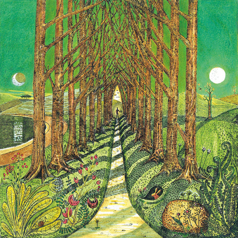 Art greeting card by Kit Boyd RE. A moonlit pathway through a line of bare trees with a small figure standing at the end. Green sky.