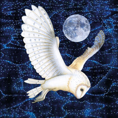 Art greeting card by Kate Green. A Barn Own in flight with a dark blue sky and big moon.