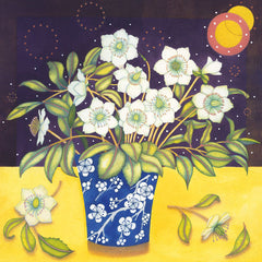 Art greeting card by Kate Green. White flowers in a blue and white vase on a yellow table with a dark blue sky and moon.