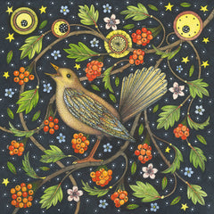 Art greeting card by Kate Green. A singing Nightingale bird on a branch with leaves and berries and stars in a night sky.