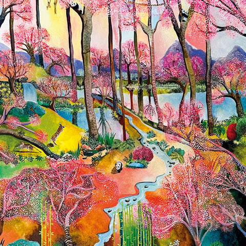 Art greeting card by Kate Morgan RI. Magical pink blossom forest with a river and panda bears.