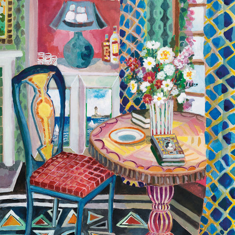 Art greeting card by Lottie Cole RWS. Colourful painting of a table and chair with a vase of flowers and a lamp, patterned curtains and floor.