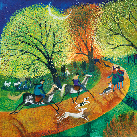 Art greeting card by Lisa Graa Jensen RI. A moonlit forest with horse riders and dogs.