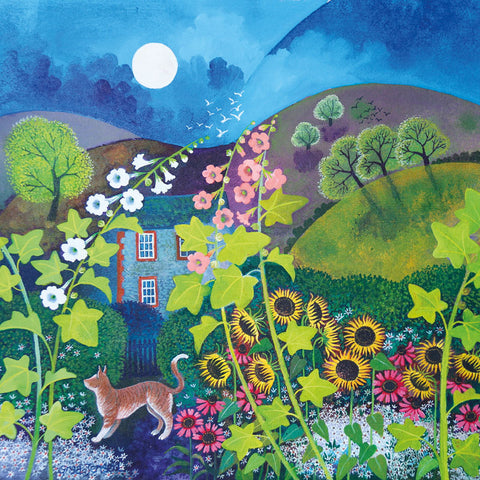 Art greeting card by Lisa Graa Jensen RI. A moonlit garden with sunflowers and trees and a stripy ginger cat.
