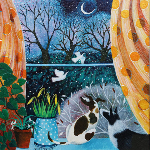 Art Greeting Card by Lisa Graa Jensen, Two dogs inside watching the snow fall, birds and moon through window