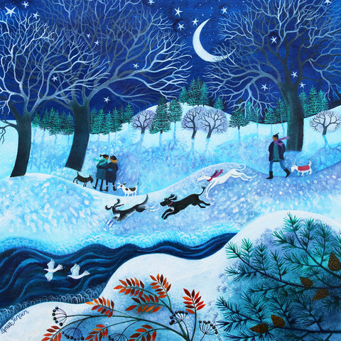 Art greeting card by Lisa Graa Jensen. Dog walkers in snowy woods with dogs running and a crescent moon.